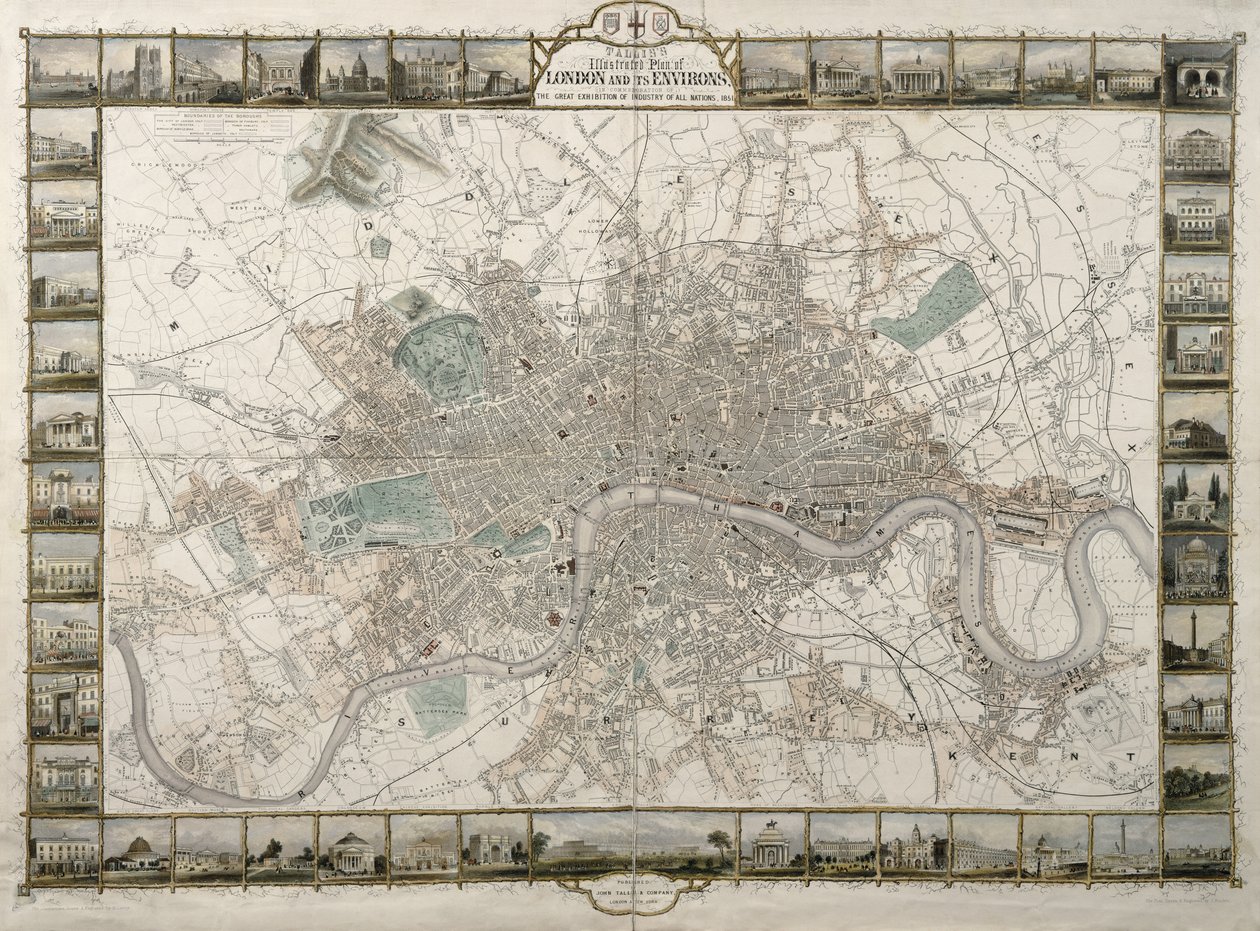 Talliss Illustrated Plan of London and its Environs, til minde om den store udstilling for alle nationers industri, 1851, udgivet af John Tallis & Co. af English School