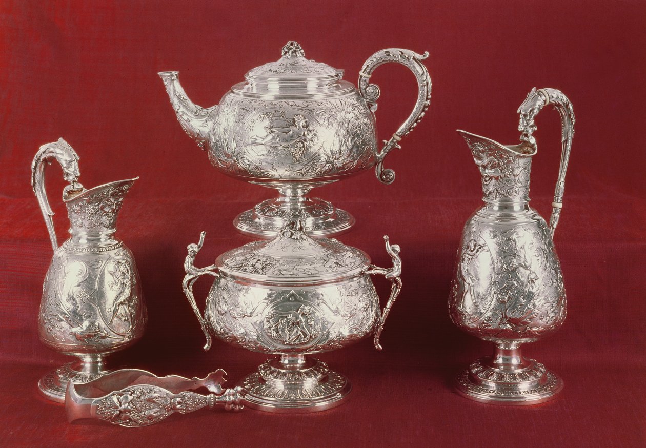 Teaset med jagtet dekoration, i fransk stil, London, 1874-75 (sølv) af English School