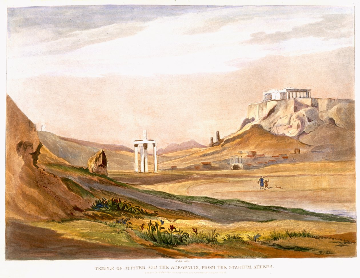 Jupiters tempel og Akropolis, fra stadion, Athen, udgivet London 1835 (farveakvatint) af English School