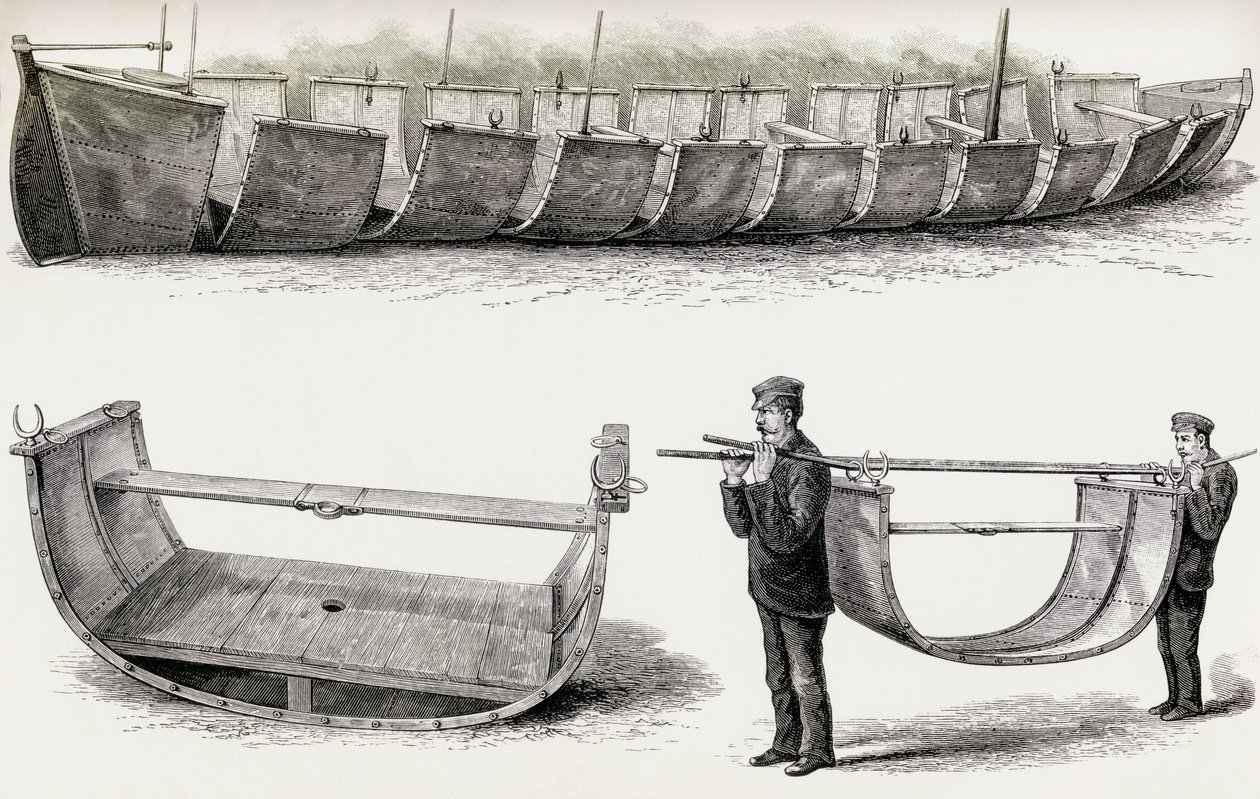 Den 28 fods stålbåd Advance, designet til at blive båret over land, 1890 (trægravering) af English School