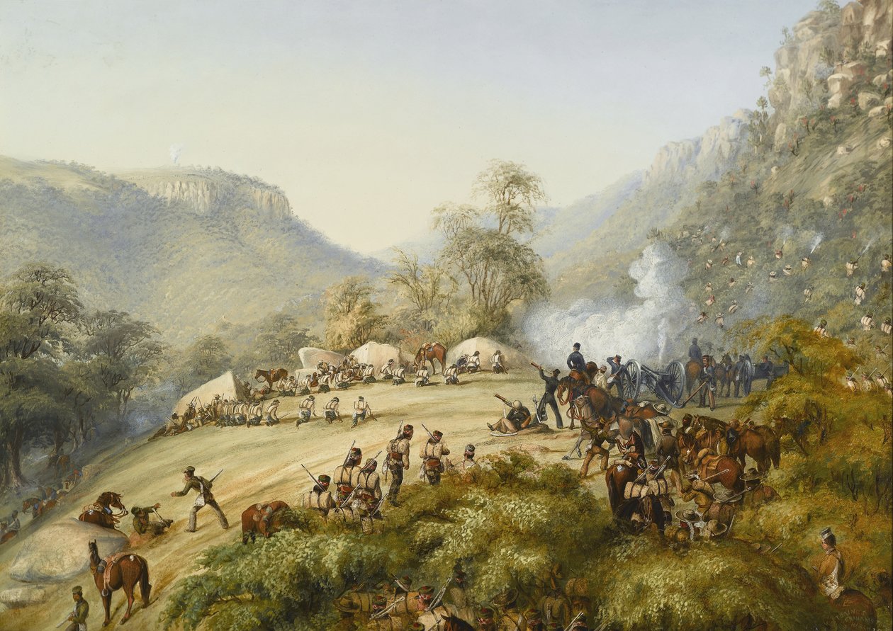 Det 74. regiment i et engagement på højderne over Waterkloof, 1851 af English School