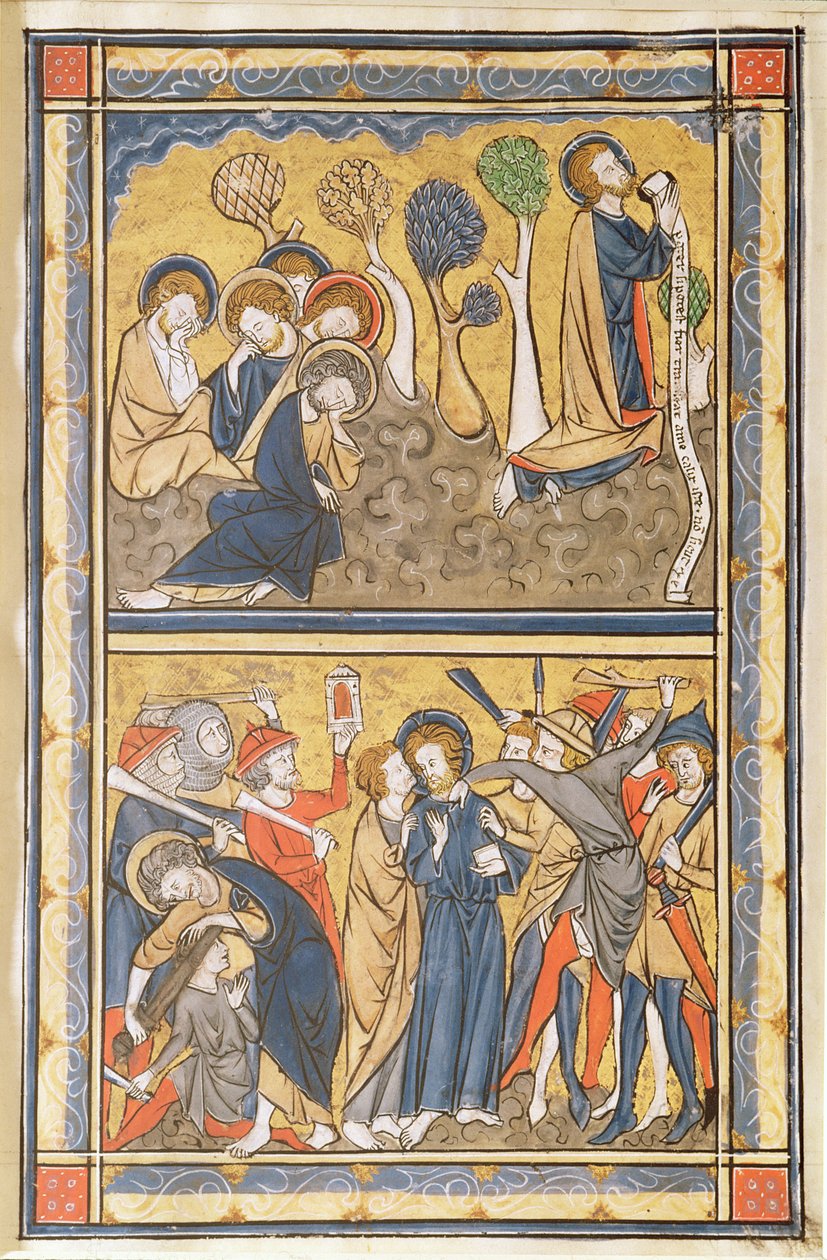 Kvalen i haven og Kristi forræderi, blad fra en psalter, ca. 1270 (tempera, blæk og bladguld på vellum) af English School