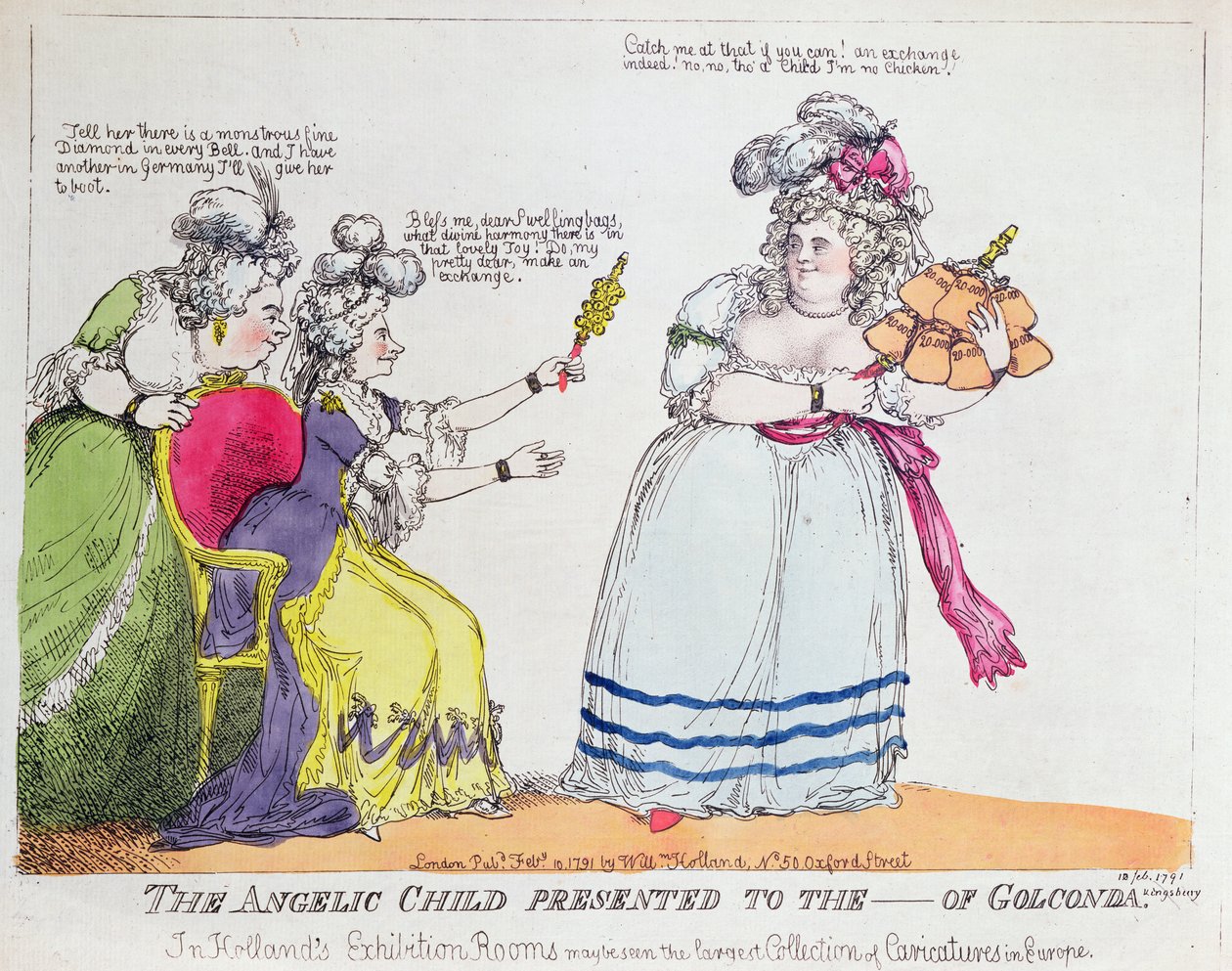 Englebarnet præsenteret for ----- af Golconda, 1791 (håndfarvet gravering) af English School