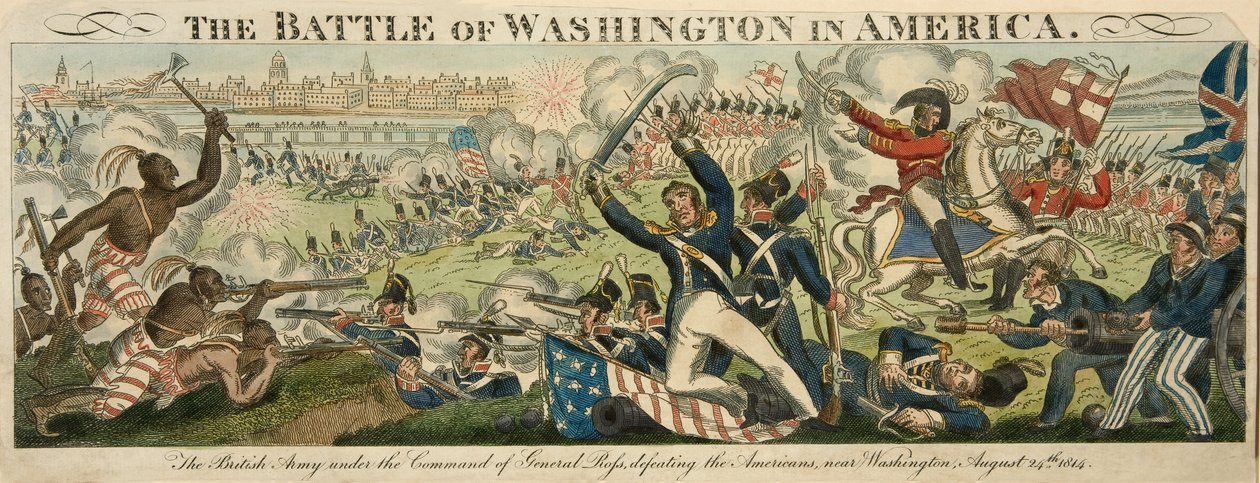 Slaget ved Washington i Amerika, 24. august 1814, pub. C.1816 (håndfarvet gravering) af English School