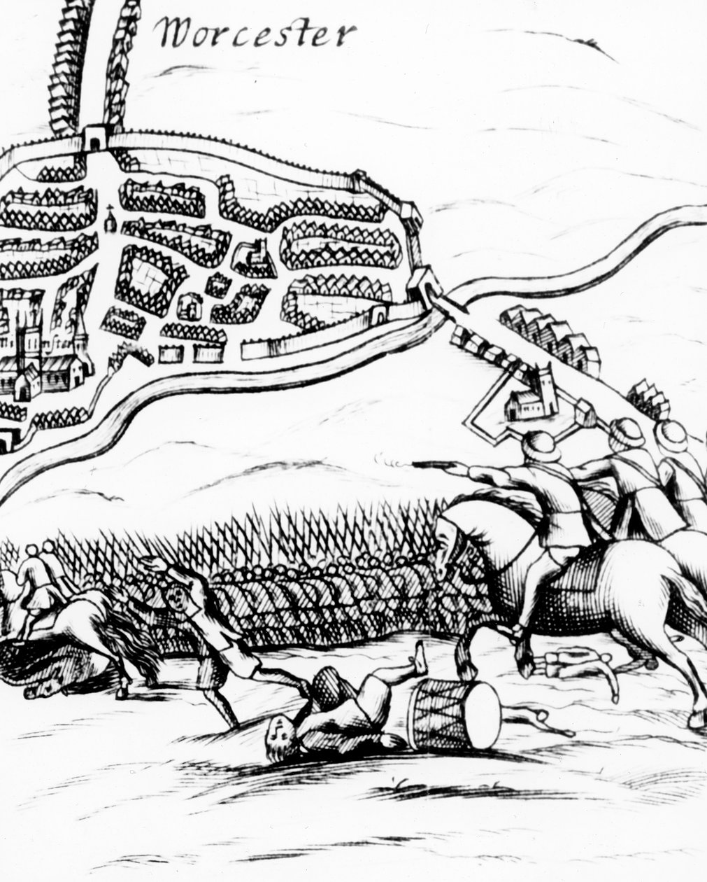 Slaget ved Worcester den 3. september 1651, offentliggjort i et broadsheet fra 1660 af English School