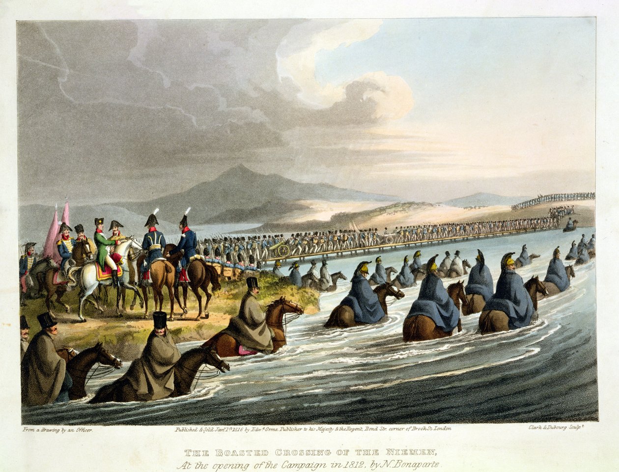 The Boasted Crossing of the Niemen ved åbningen af kampagnen i 1812 af N. Bonaparte, efter en tegning af en officer, indgraveret af John Heaviside Clark (c.1771-1863) og Matthew Dubourg (fl.1813-20) af English School