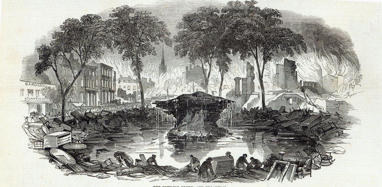 The Bowling-green og Broadway, New York, fra The Illustrated London News, 23. august 1845 af English School