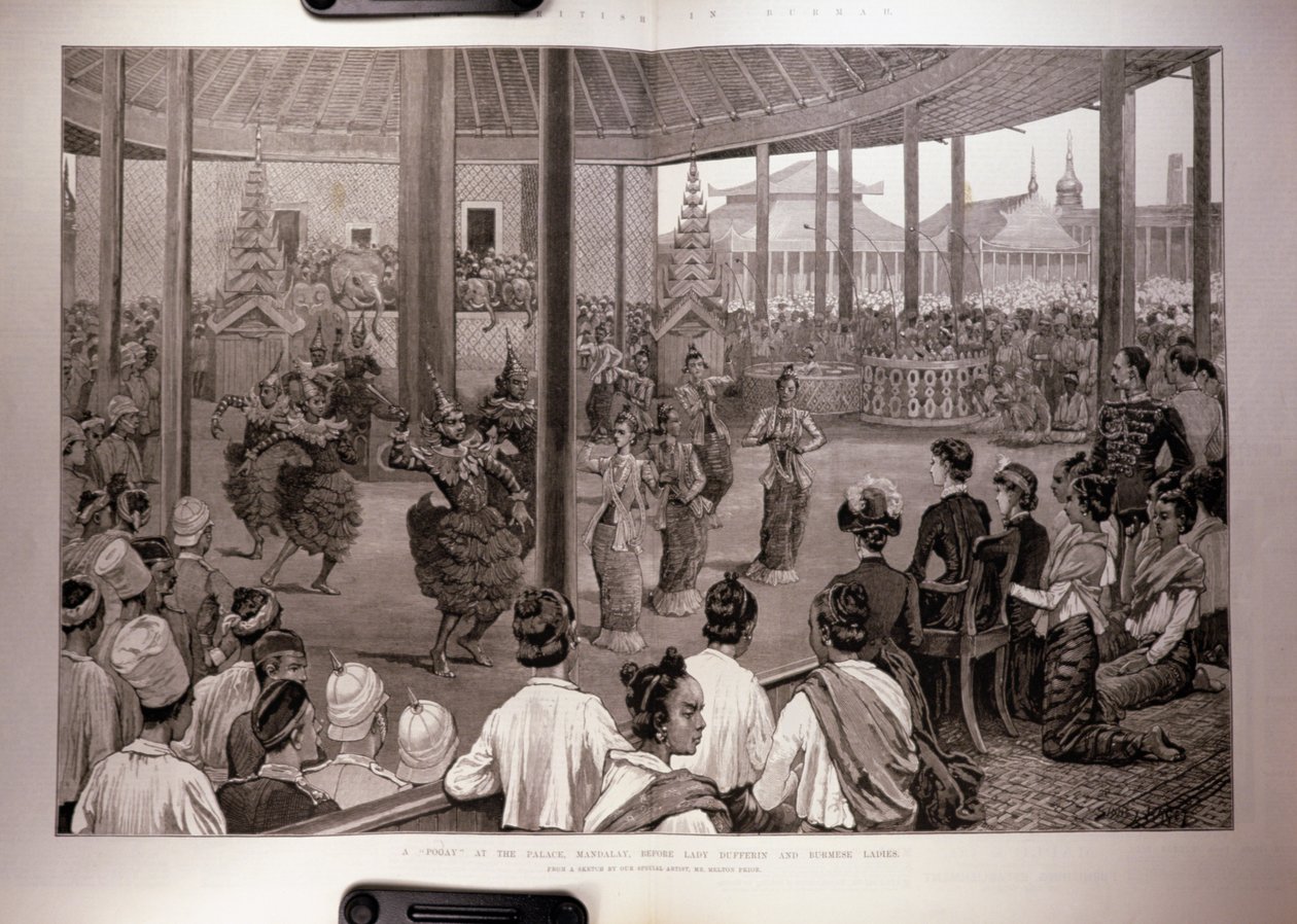 Briterne i Burma: A Pooay at the Palace, Mandalay, Before Lady Dufferin and Burmese Ladies, fra "The Illustrated London News", 17. april 1886 af English School