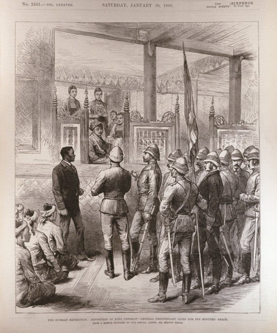 The Burmah Deposition of King Theebaw (1858-1916): General Prendergast Gives Him Ten Minutes Grace, fra The Illustrated London News, 30. januar 1886 af English School