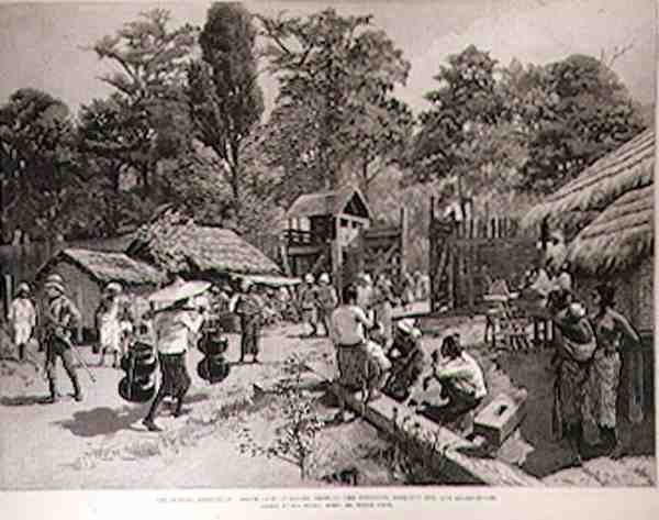 Burmah-ekspeditionen: South Gate of Bhamo, der viser Stockade, Look-Out Hut og Guard-House, fra The Illustrated London News, 3. juni 1886 af English School