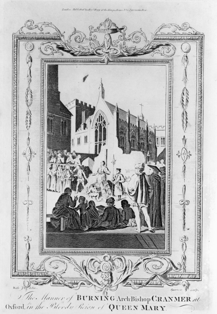 Afbrændingen af ærkebiskop Thomas Cranmer (1489-1556) i Oxford i Queen Marys blodige regeringstid (1516-58), indgraveret af Thomas Sparrow (1765-84) af English School