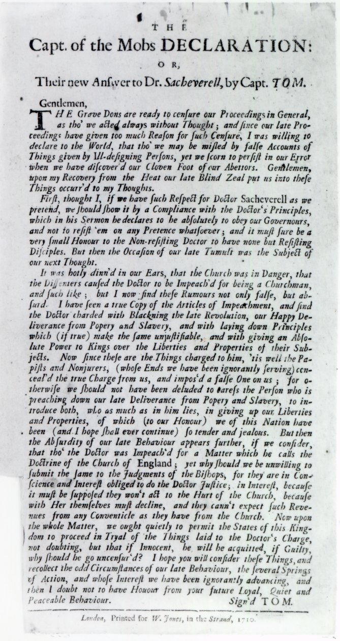 Kaptajnen af pøbelens erklæring eller deres nye svar til Dr. Sacheverell af kaptajn Tom, 1710 (tryk) af English School