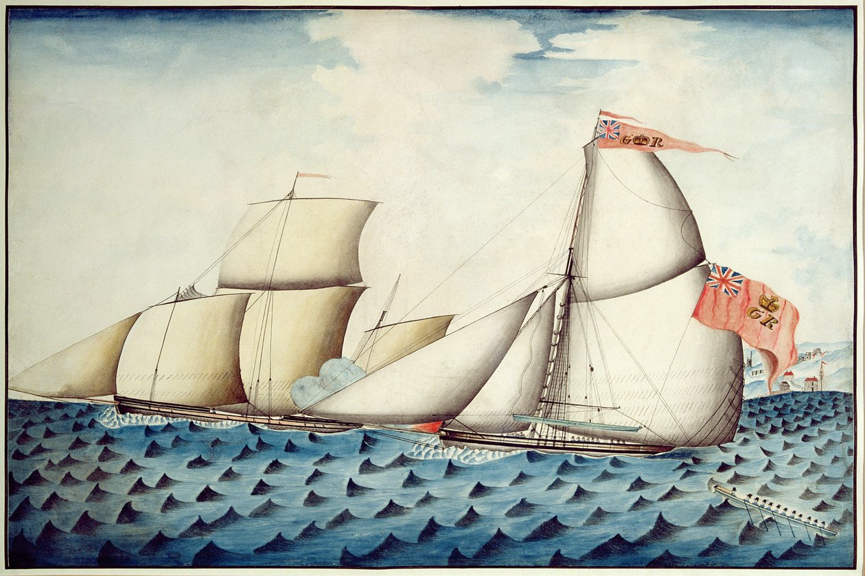The Capture of The Four Brothers af The Badger, Revenue Cutter, ca. 1823 (pen og wc) af English School