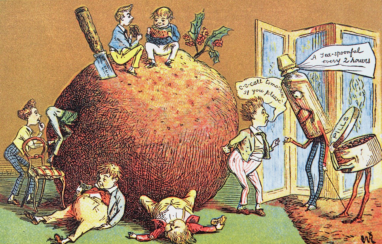 The Christmas Pudding, et victoriansk julekort (farvestik) af English School