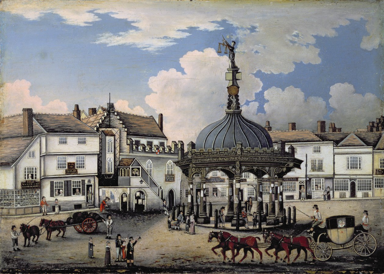 The Cornhill, Ipswich, ca. 1800 (bord) af English School