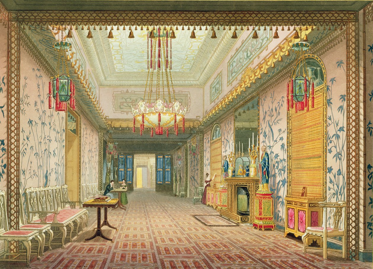 Korridoren eller det lange galleri i sin sidste fase, fra Views of the Royal Pavilion, Brighton af John Nash (1752-1835) 1826 (akvatint) af English School
