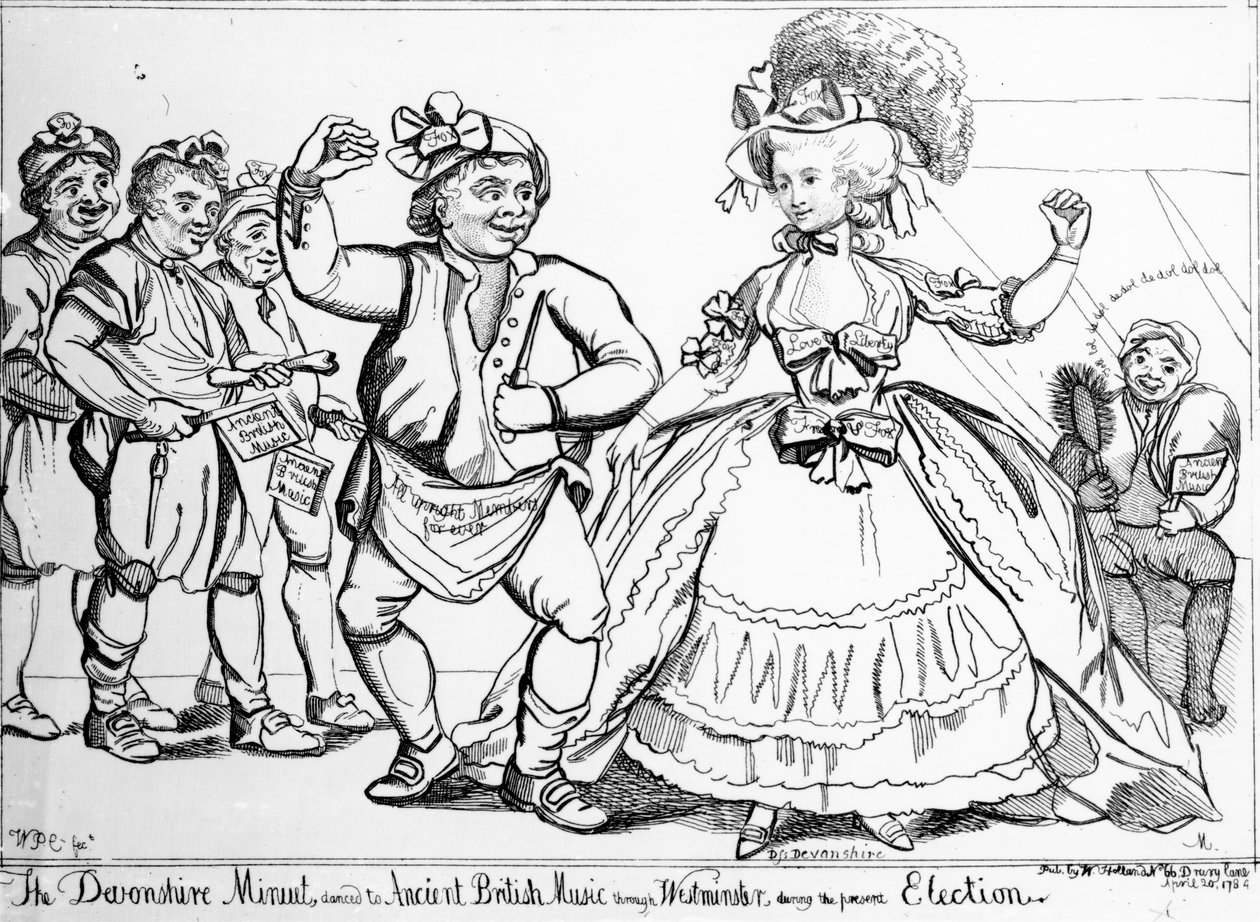 Devonshire Menuet, dansede til gammel britisk musik gennem Westminster under valget, tryk lavet af William Paulet Carey, 1784 af English School
