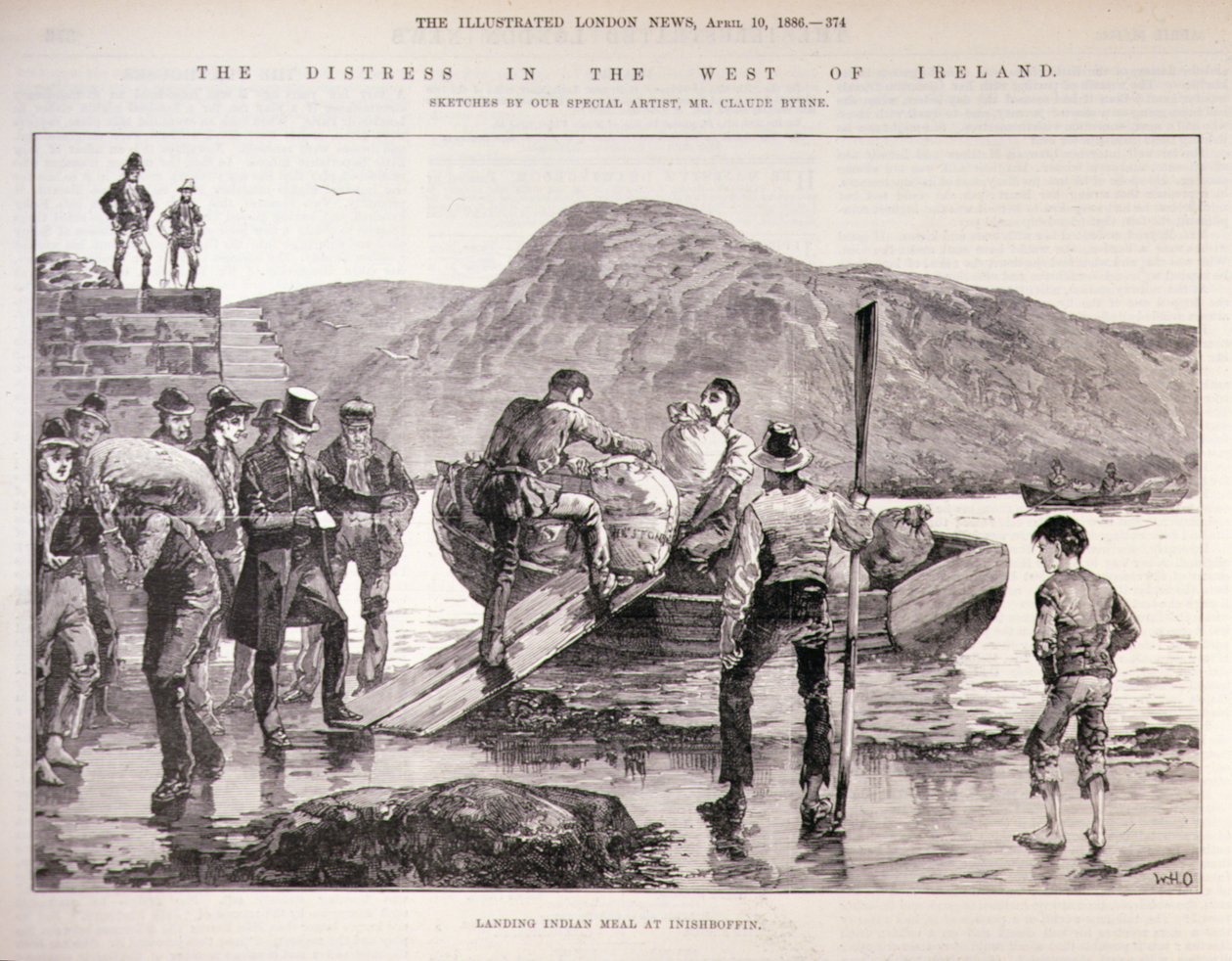 The Distress in the West of Ireland: Landing Indian Meal at Inishbofin, fra The Illustrated London News, 4. oktober 1886 af English School