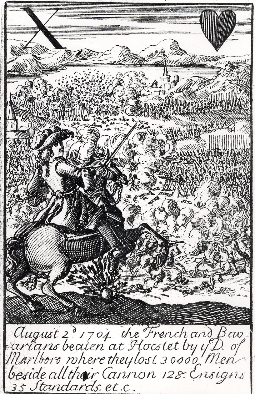 Hertugen af Marlborough besejrer franskmændene og bayerne i slaget ved Blenheim, 2. august 1704, engelsk spillekort af English School