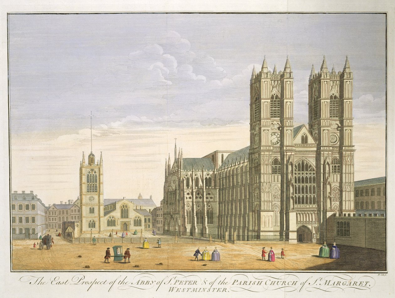 The East Prospect of the Abbey of St. Peter og Parish Church of St. Margaret, Westminster, indgraveret af B. Cole (fl.1748-75) af English School