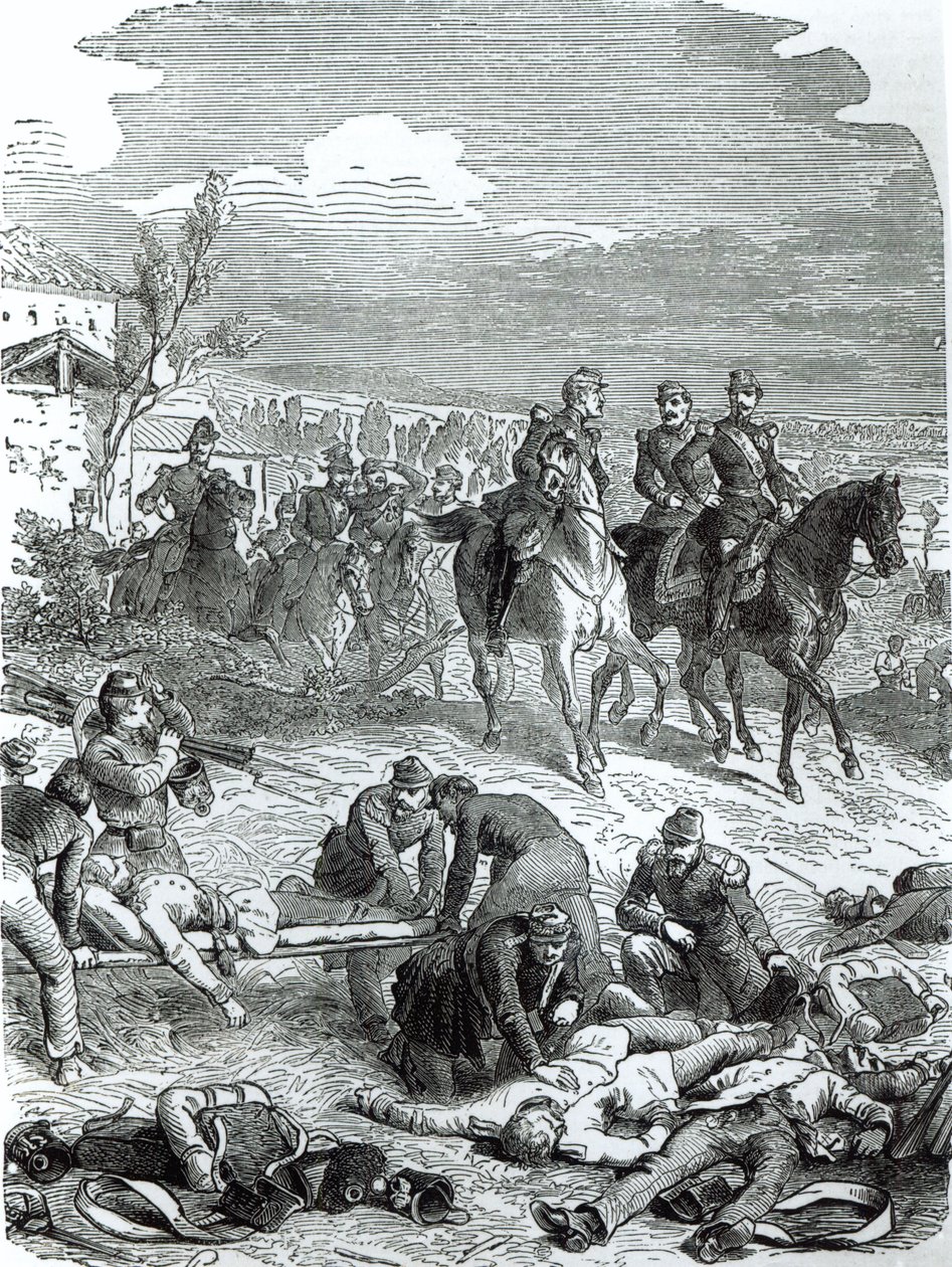 Kejser Napoleon III på slagmarken ved Solferino, 24. juni 1859 af English School