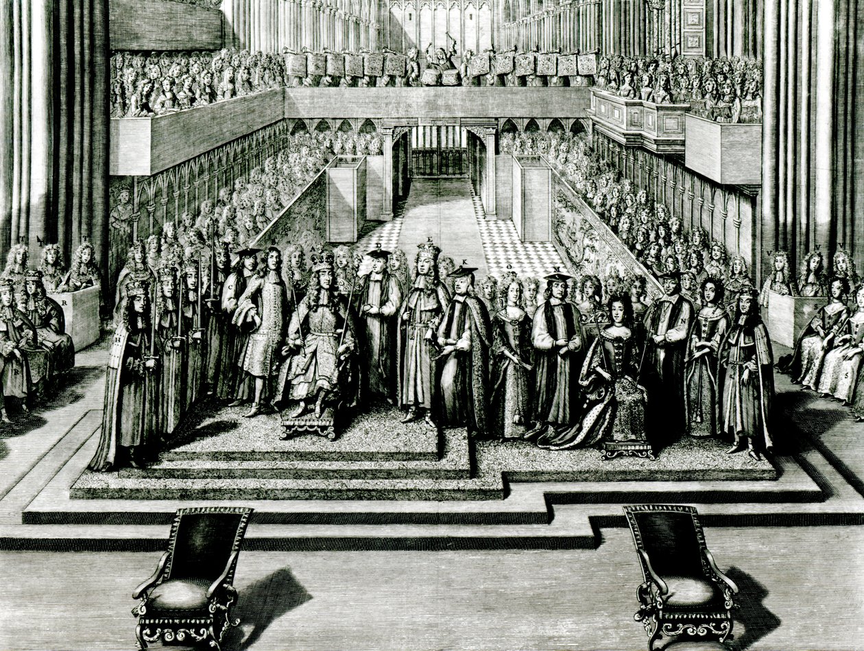 Tronsættelsen af kong James II og dronning Mary af English School
