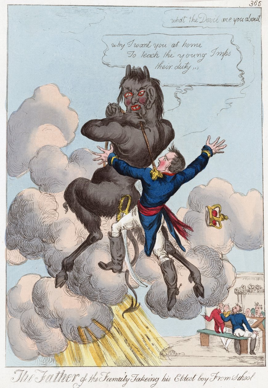 Familiefaderen tager sin ældste dreng fra skolen, pub. 1814 (håndfarvet gravering) af English School