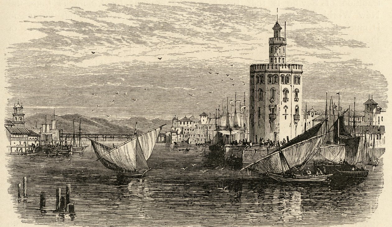 Det gyldne tårn, Sevilla, Spanien, fra "Spanish Pictures" af pastor Samuel Manning, udgivet i 1870 af English School