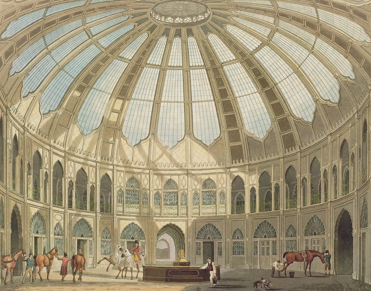 Det indre af staldene, fra udsigt over The Royal Pavilion, Brighton af John Nash (1752-1835) 1826 (akvatint) af English School