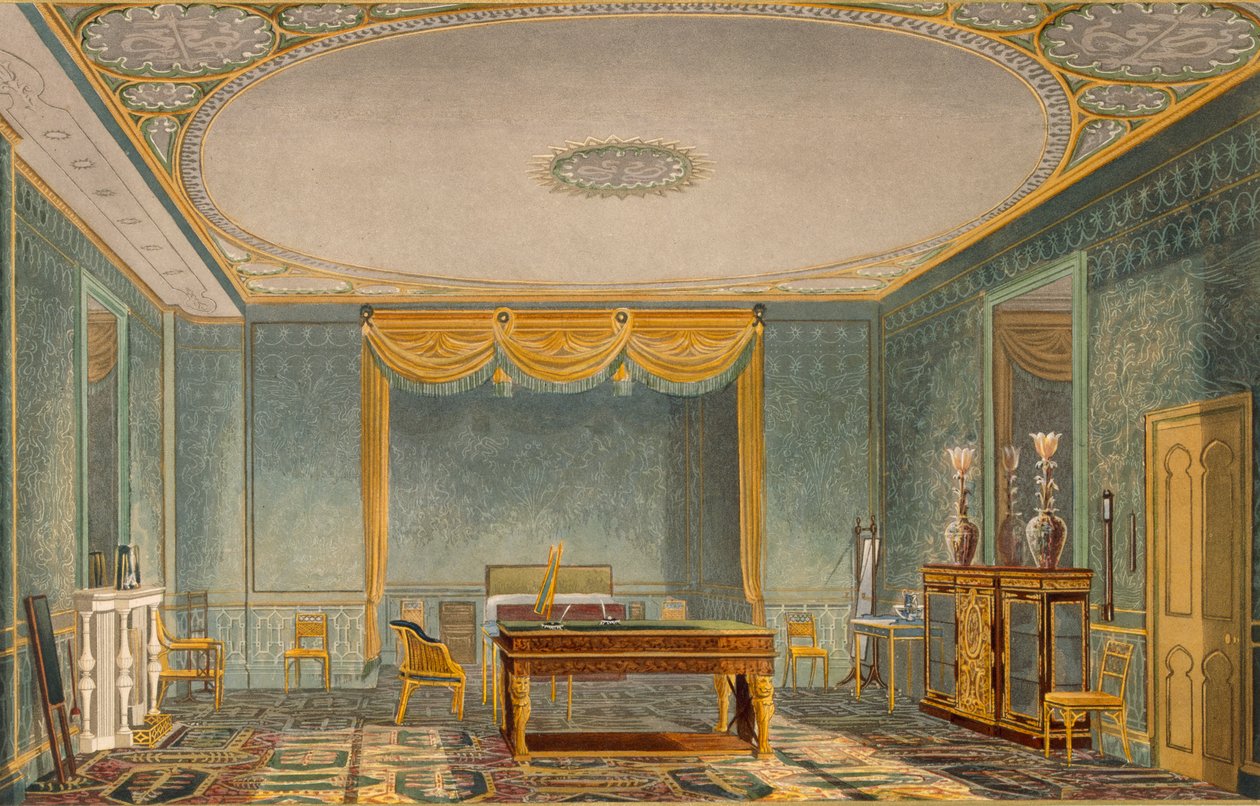 The Kings Bedroom, from Views of the Royal Pavilion, Brighton af John Nash (1752-1835) 1826 (akvatint) af English School