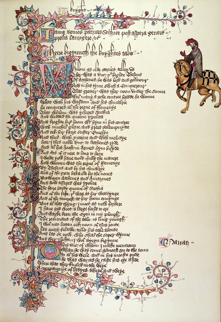 The Knight, detalje fra The Canterbury Tales, af Geoffrey Chaucer (ca. 1342-1400) Ellesmere Manuscript, faksimileudgave, 1911 (for originale detaljer se 128937) af English School