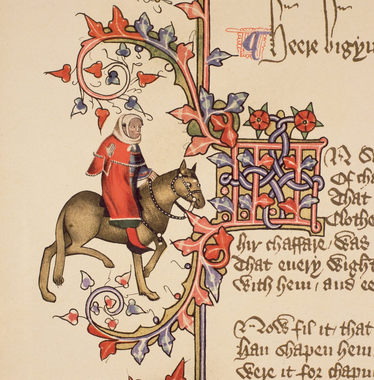 The Man of Law, detalje fra The Canterbury Tales, af Geoffrey Chaucer (ca. 1342-1400) Ellesmere Manuscript, faksimileudgave, 1911 (for originale detaljer se 128931) af English School