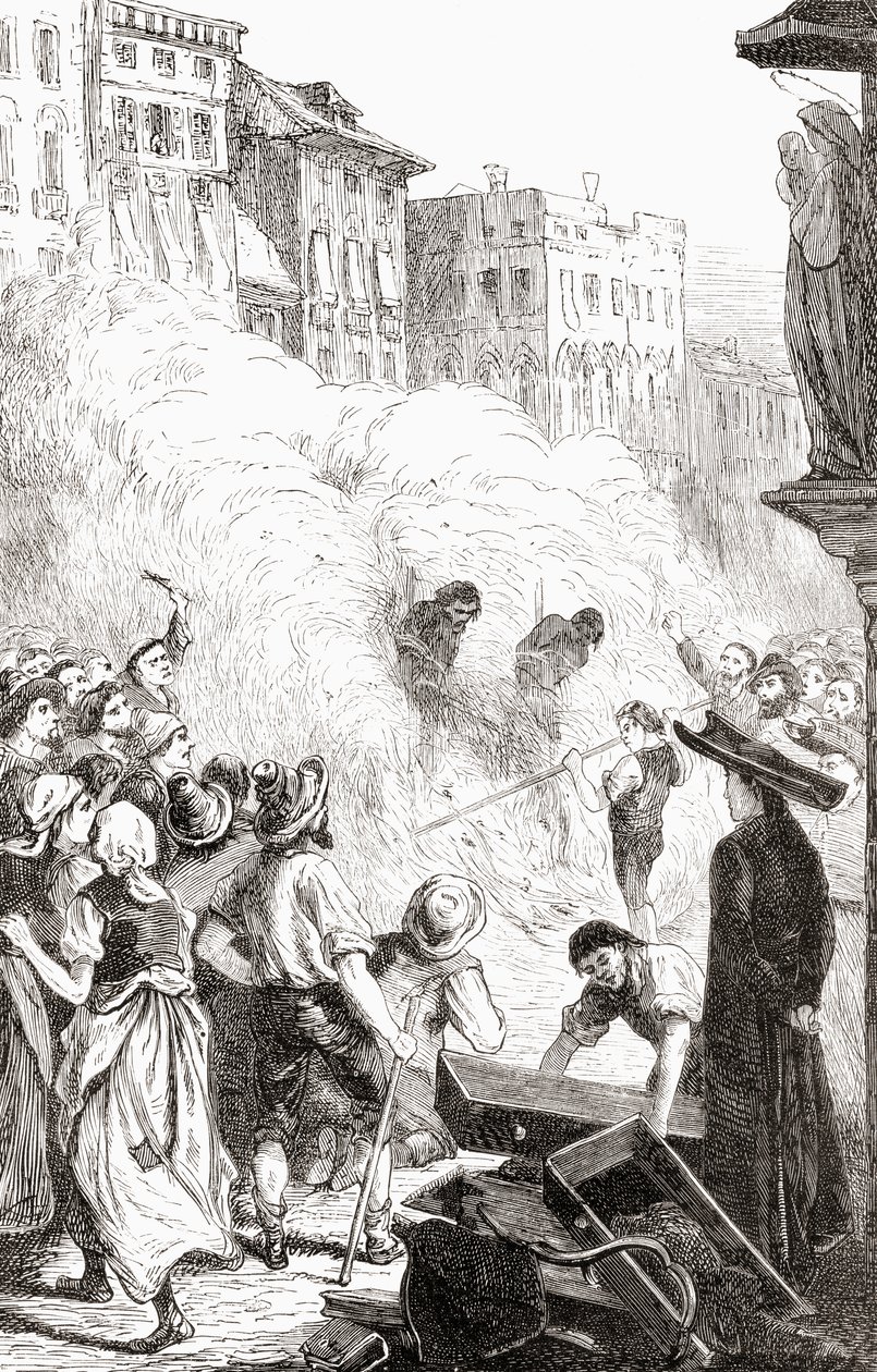Massakren af protestanter i Barletta, Italien, ca. 1865 (træstik) af English School