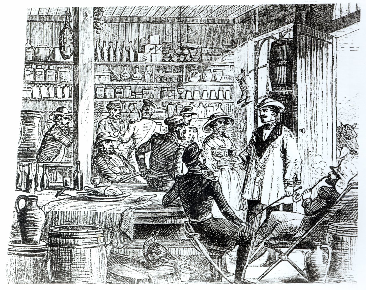Mødet mellem Mary Seacole (1805-81) og Alexis Soyer (1810-57) i hendes hotelbar, ca. 1855 af English School