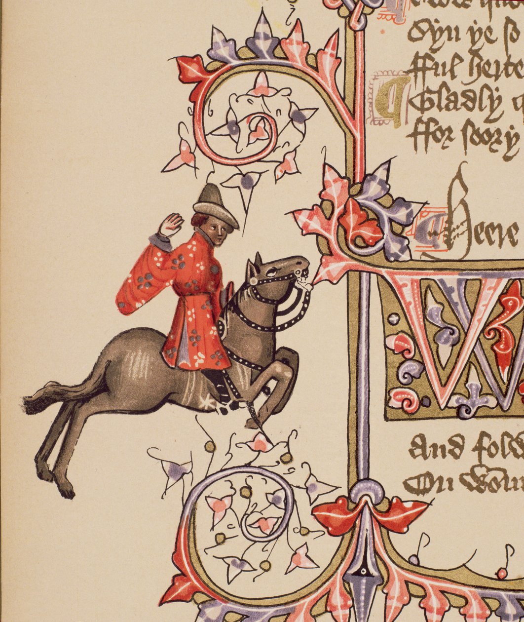 The Merchant, detalje fra The Canterbury Tales, af Geoffrey Chaucer (ca. 1342-1400) Ellesmere Manuscript, faksimileudgave, 1911 (for originale detaljer, se 128920) af English School