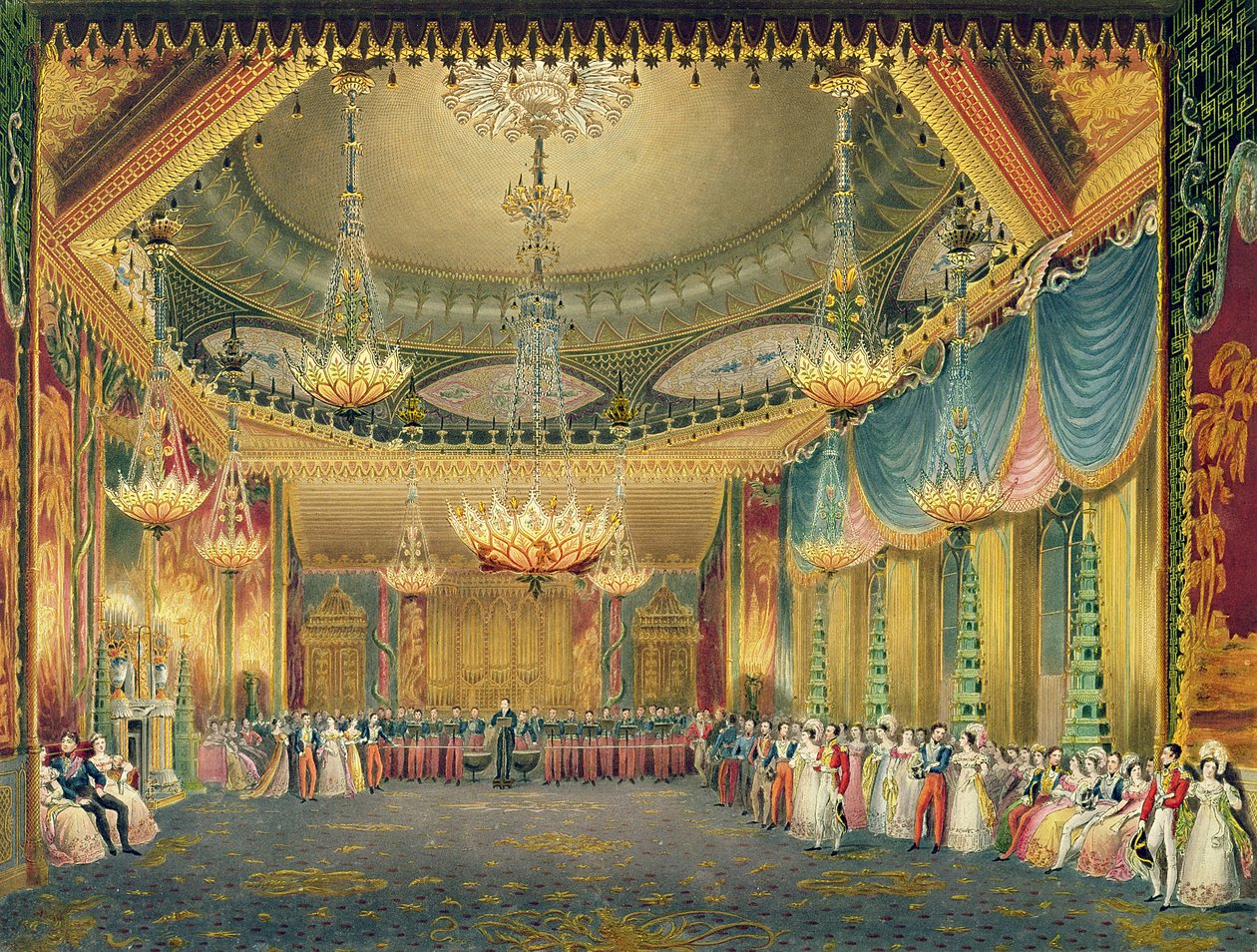 The Music Room, fra Views of the Royal Pavilion, Brighton af John Nash (1752-1835) 1826 (akvatint) af English School