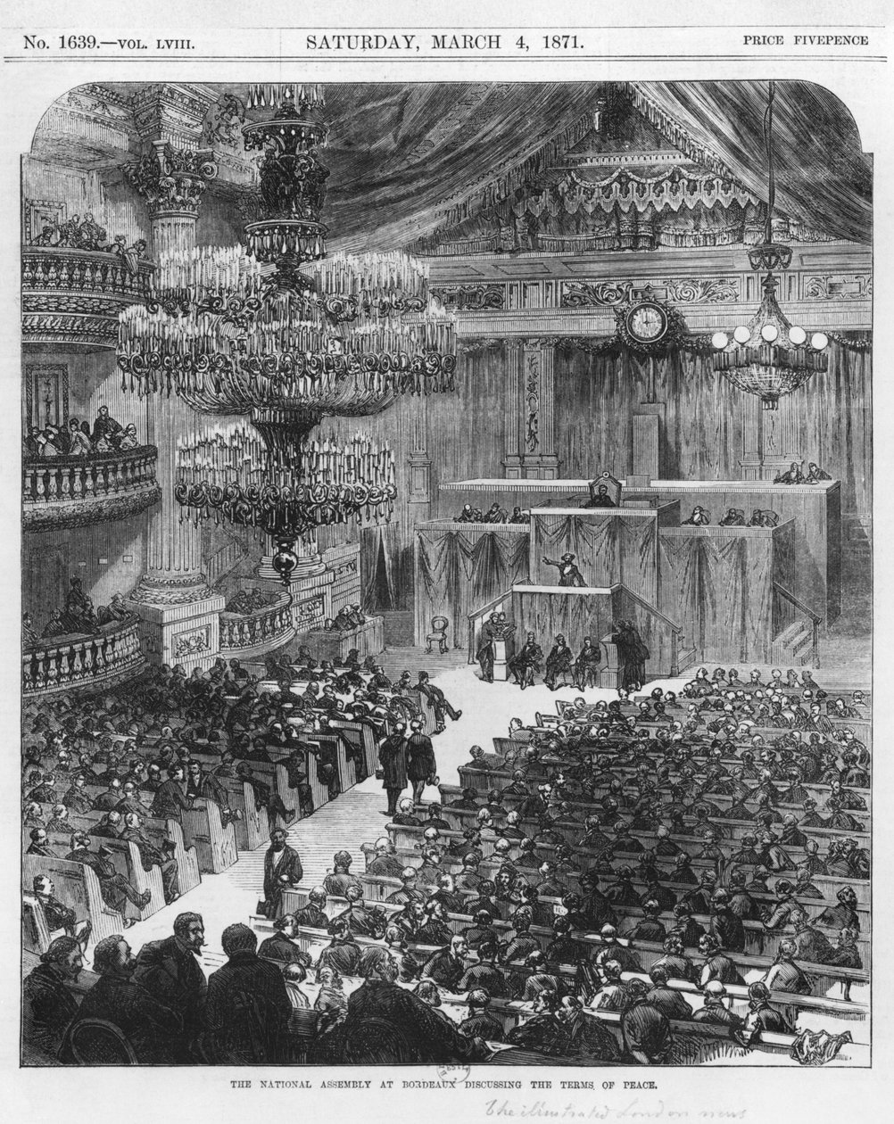 Nationalforsamlingen i Bordeaux diskuterer fredsbetingelserne, den 4. marts 1871 (bw-gravering) af English School