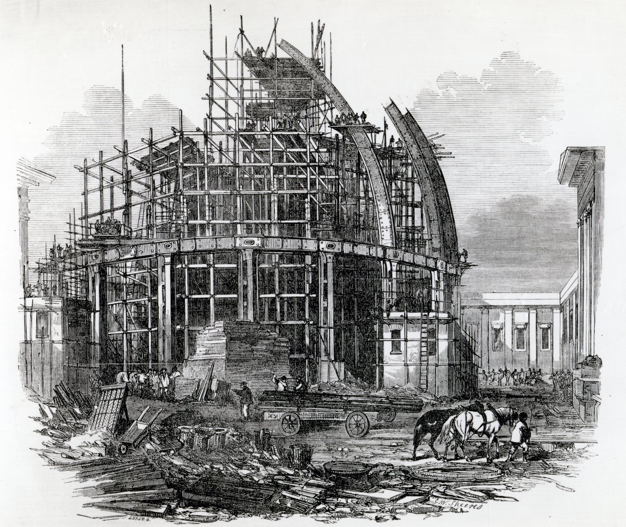 Den nye læsesal på British Museum, under opførelse, indgraveret af C.W.Sheeres, offentliggjort i 
