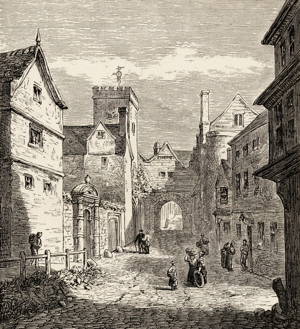 Den nordlige port og Bocardo-fængslet, Oxford, ca. 1865 (træsnit) af English School