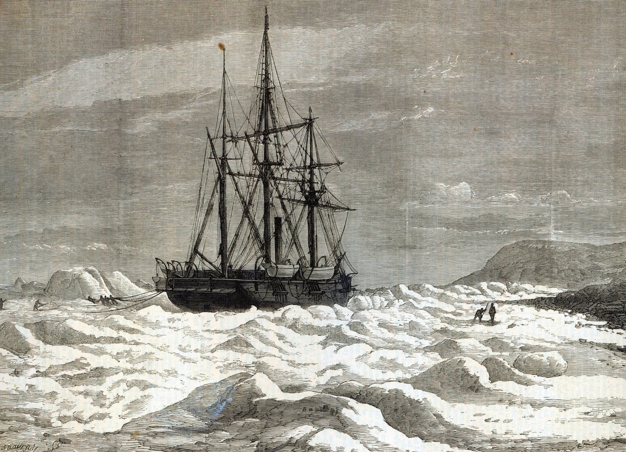 Ekspeditionen til Nordpolen: Alert, der blev klemt af isen mod kysten ud for Cape Beechy, fra "The Illustrated London News", 1876 af English School