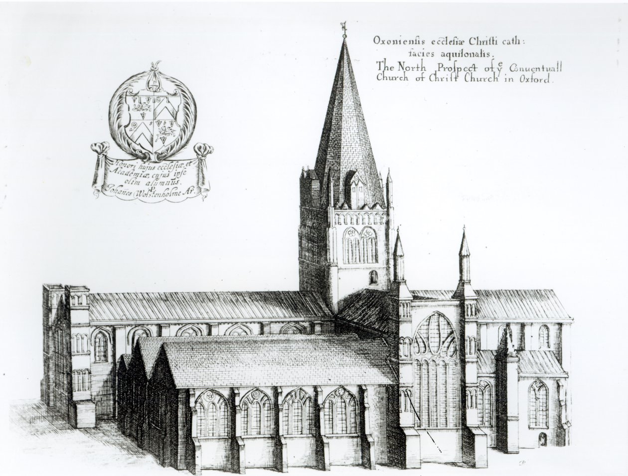 The North Prospect of Conuentuall Church of Christ Church i Oxford (gravering) (bw foto) af English School