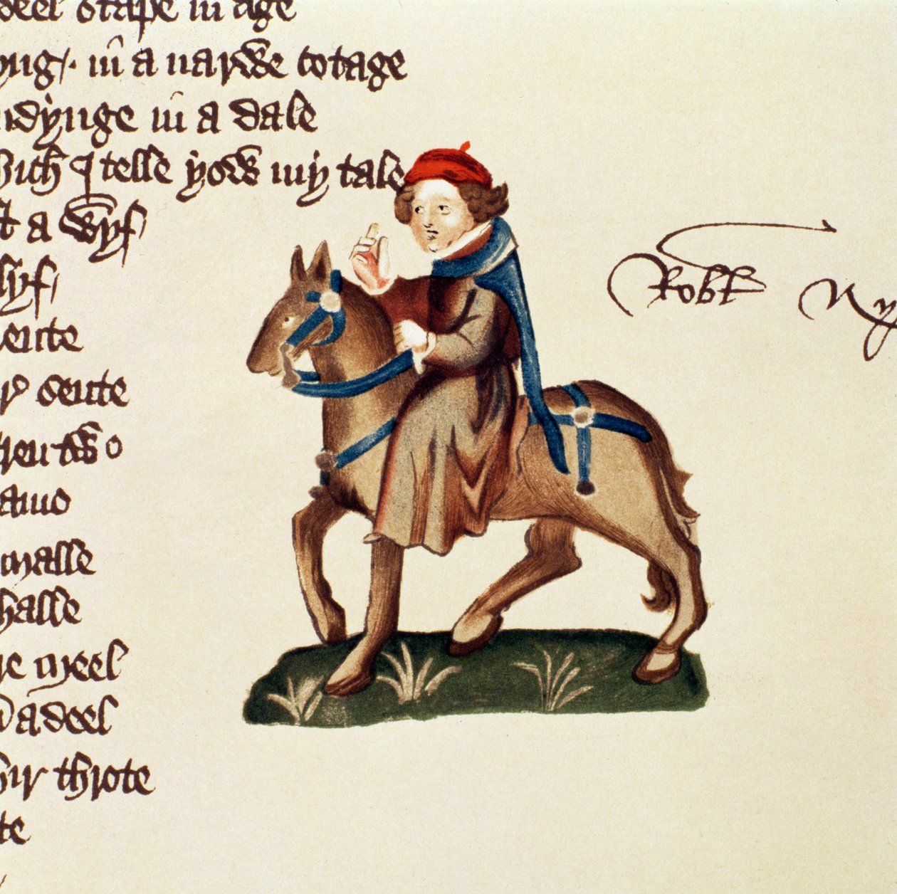 The Nuns Priest, detalje fra The Canterbury Tales, af Geoffrey Chaucer (ca. 1342-1400) Ellesmere Manuscript, faksimileudgave, 1911 (for originale detaljer se 128929) af English School