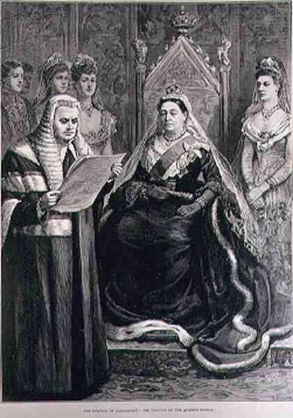 Åbning af Parlamentet: The Illustrated London News, 30. januar 1886: Oplæsning af dronningens tale, graveret af R. Taylor. af English School