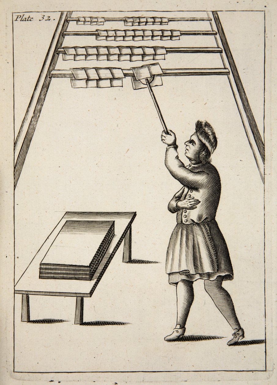 The Pressman Hanging Paper, Mechanick Exercises: or The Doctrine of Handy-Works used to the Art of Printing, pub. 1683 af English School