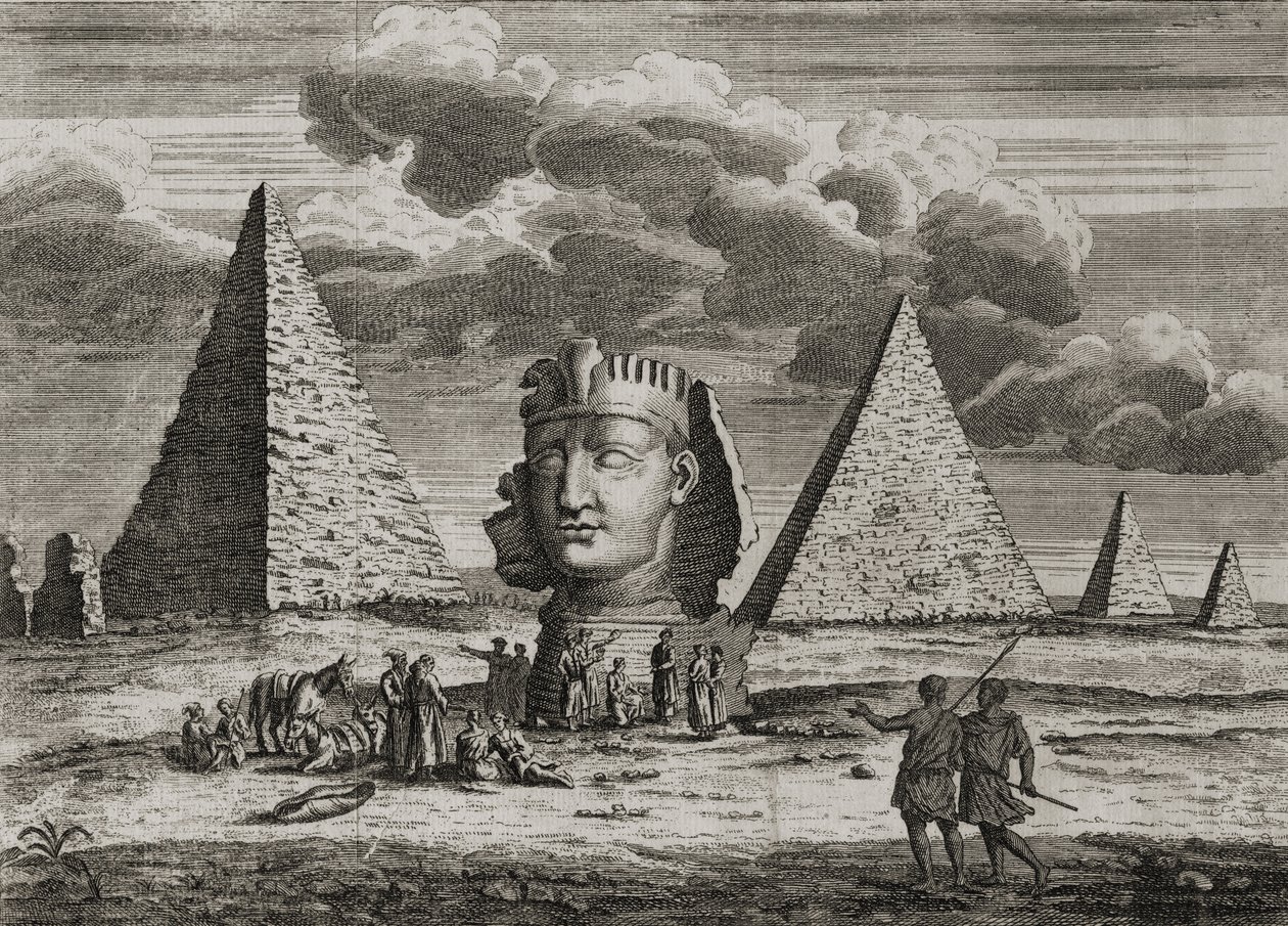 Pyramiderne og Sfinxen i Giza, Egypten, ca. 1725 af English School