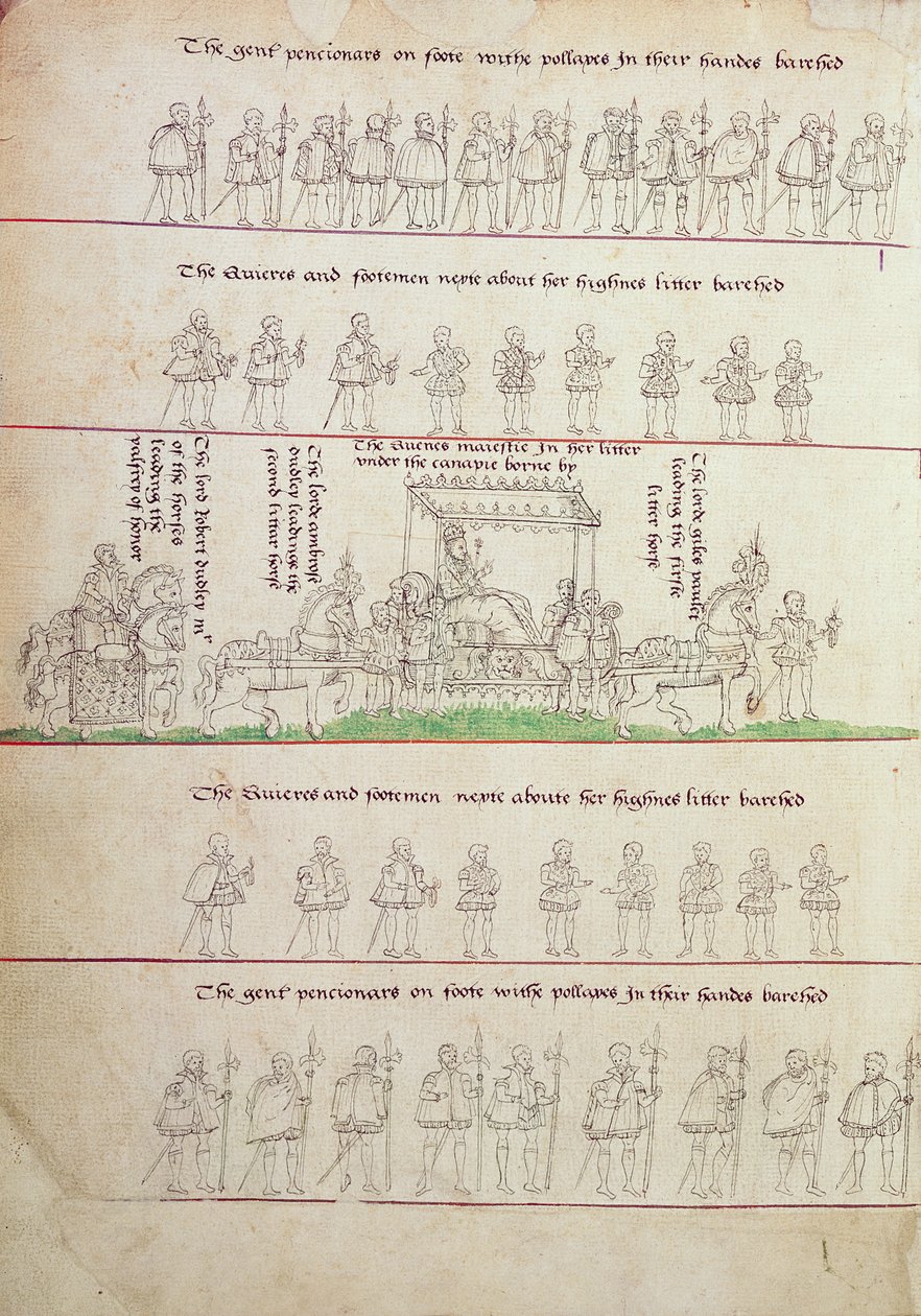 Dronningen i sit kuld, fra "The Progresses of Queen Elizabeth 1" (blæk på papir) af English School