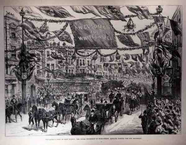 The Queens Visit to East London: The Royal Procession in the High Street, Aldgate, Passing the City Boundary, fra The Illustrated London News, 21. maj 1887 af English School