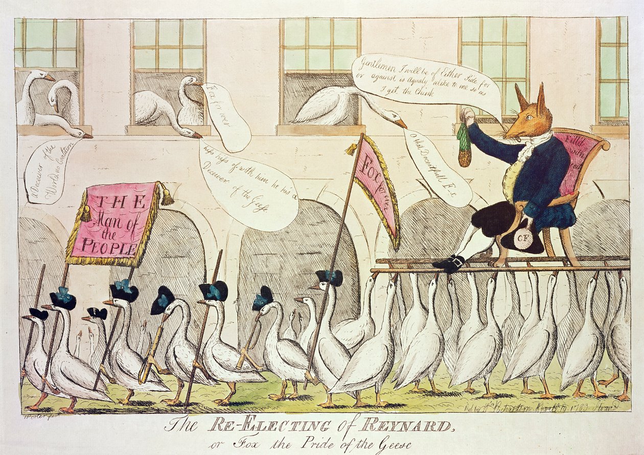 Genvalget af Reynard, eller Ræven, gæssenes stolthed, 1783 (håndfarvet gravering) af English School