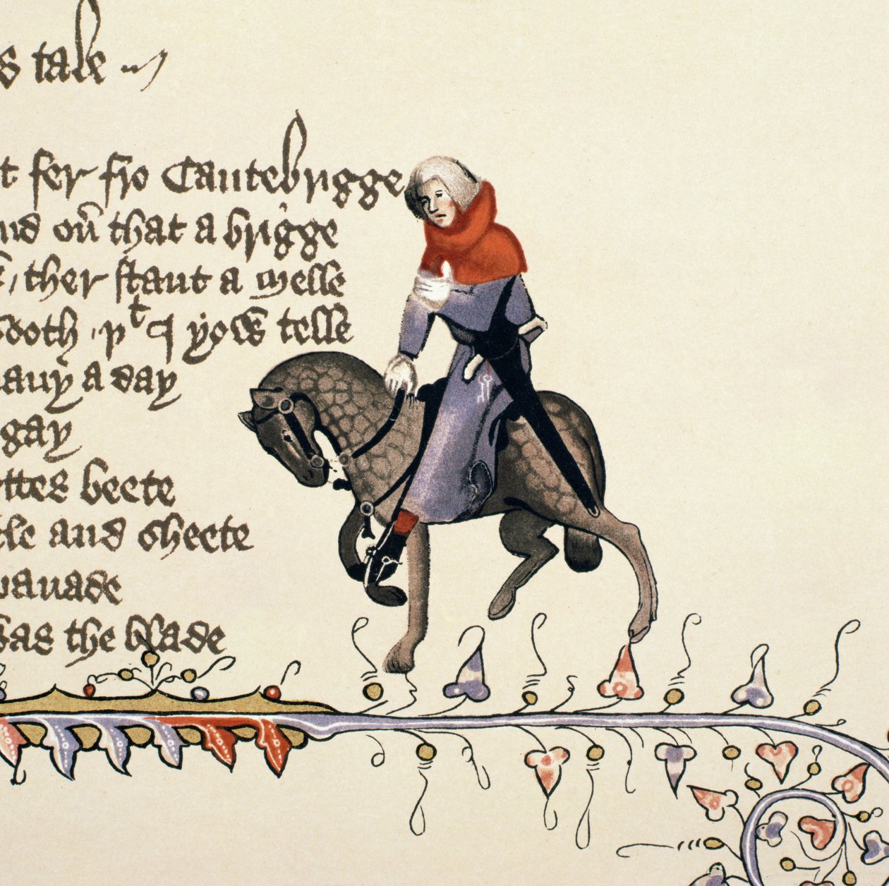 The Reeve, detalje fra The Canterbury Tales, af Geoffrey Chaucer (ca. 1342-1400) Ellesmere Manuscript, faksimileudgave, 1911 (for originale detaljer, se 128932) af English School