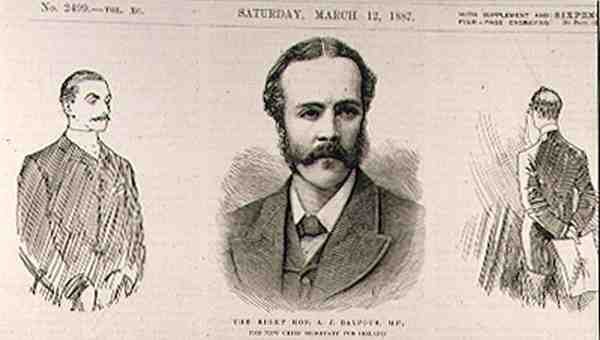 Den højre Hon. A. J. Balfour (1848-1930), M.P., den nye chefsekretær for Irland, fra The Illustrated London News, 12. marts 1887 af English School